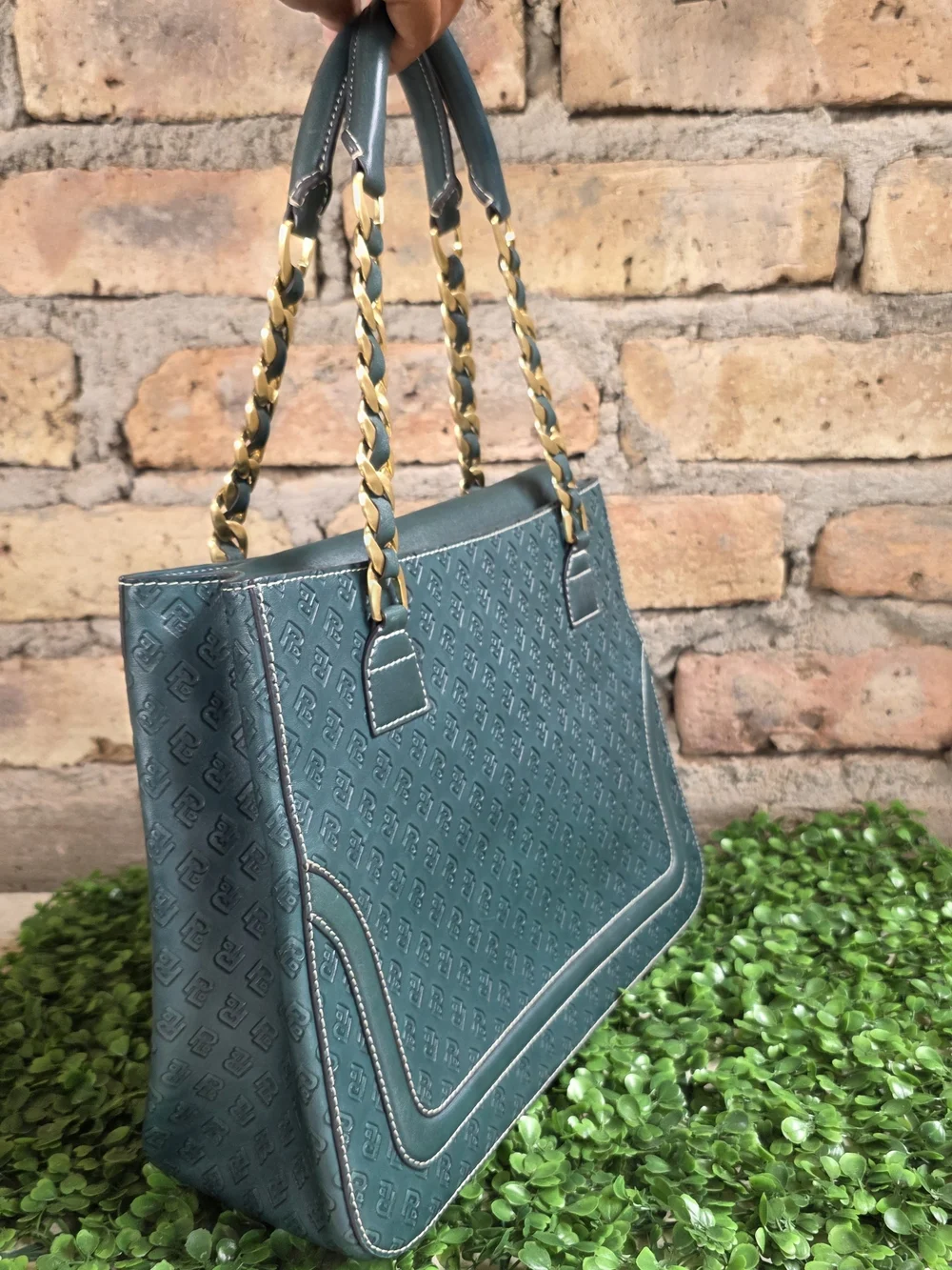 POWERLAND Forest Green Embossed Monogram Tote Bag Gold Chain Straps